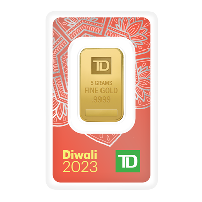 A picture of a 5 gram TD Diwali Gold Bar (2023)